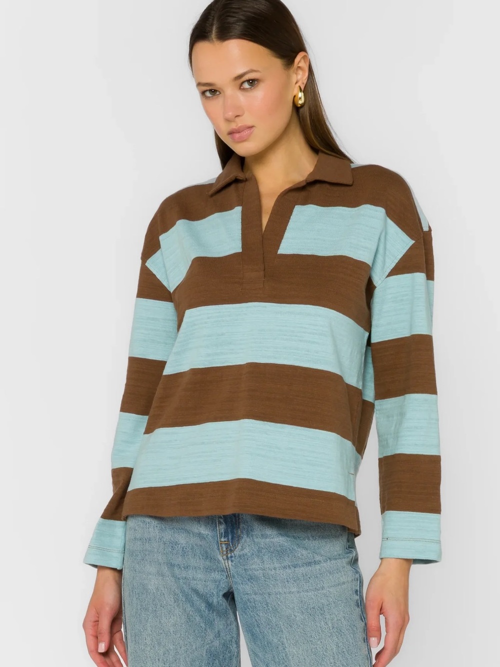 Velvet Heart Brown & Light Blue Striped Polo Sweater